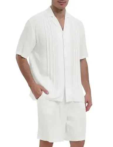 MoFiz Men's Linen Sets 2 Pieces Summer Vacation Party Beach Outfits Short Sleeve Button Down Shirts and Pants Set 