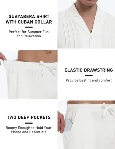 MoFiz Men's Linen Sets 2 Pieces Summer Vacation Party Beach Outfits Short Sleeve Button Down Shirts and Pants Set - 5