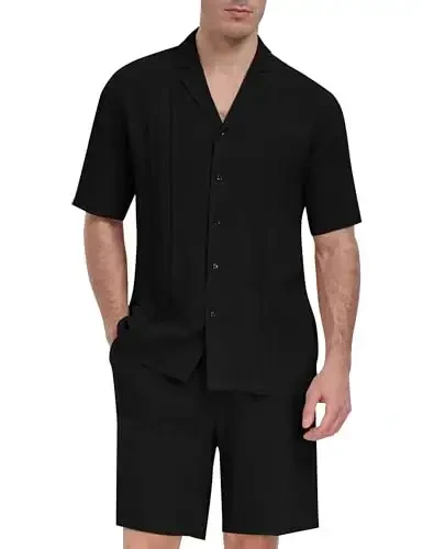 MoFiz Men's Linen Sets 2 Pieces Summer Vacation Party Beach Outfits Short Sleeve Button Down Shirts and Pants Set 