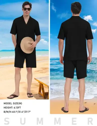 MoFiz Men's Linen Sets 2 Pieces Summer Vacation Party Beach Outfits Short Sleeve Button Down Shirts and Pants Set - 6