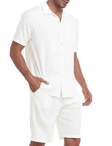 MoFiz Men's Linen Sets 2 Pieces Summer Vacation Party Beach Outfits Short Sleeve Button Down Shirts and Pants Set 
