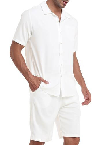 MoFiz Men's Linen Sets 2 Pieces Summer Vacation Party Beach Outfits Short Sleeve Button Down Shirts and Pants Set - 1