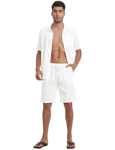 MoFiz Men's Linen Sets 2 Pieces Summer Vacation Party Beach Outfits Short Sleeve Button Down Shirts and Pants Set - 2