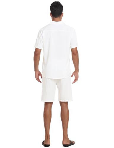 MoFiz Men's Linen Sets 2 Pieces Summer Vacation Party Beach Outfits Short Sleeve Button Down Shirts and Pants Set - 3