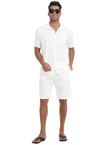 MoFiz Men's Linen Sets 2 Pieces Summer Vacation Party Beach Outfits Short Sleeve Button Down Shirts and Pants Set - 4