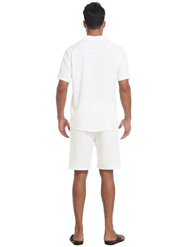 MoFiz Men's Linen Sets 2 Pieces Summer Vacation Party Beach Outfits Short Sleeve Button Down Shirts and Pants Set - 3