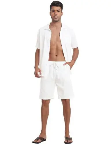 MoFiz Men's Linen Sets 2 Pieces Summer Vacation Party Beach Outfits Short Sleeve Button Down Shirts and Pants Set - 2