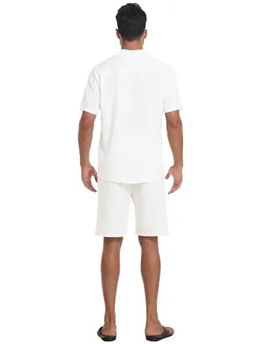 MoFiz Men's Linen Sets 2 Pieces Summer Vacation Party Beach Outfits Short Sleeve Button Down Shirts and Pants Set - 3