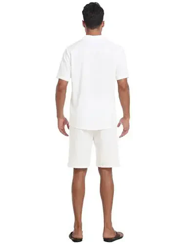 MoFiz Men's Linen Sets 2 Pieces Summer Vacation Party Beach Outfits Short Sleeve Button Down Shirts and Pants Set - 3