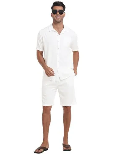 MoFiz Men's Linen Sets 2 Pieces Summer Vacation Party Beach Outfits Short Sleeve Button Down Shirts and Pants Set - 4