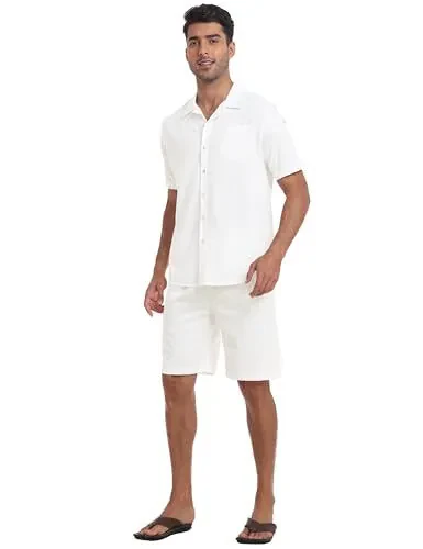 MoFiz Men's Linen Sets 2 Pieces Summer Vacation Party Beach Outfits Short Sleeve Button Down Shirts and Pants Set - 5