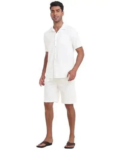 MoFiz Men's Linen Sets 2 Pieces Summer Vacation Party Beach Outfits Short Sleeve Button Down Shirts and Pants Set - 5