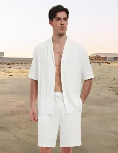 MoFiz Men's Linen Sets 2 Pieces Summer Vacation Party Beach Outfits Short Sleeve Button Down Shirts and Pants Set - 2