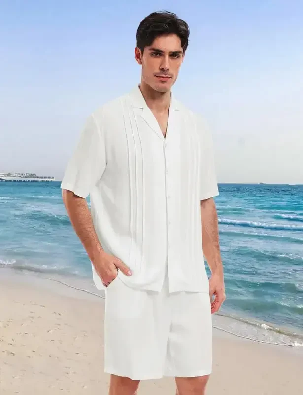 MoFiz Men's Linen Sets 2 Pieces Summer Vacation Party Beach Outfits Short Sleeve Button Down Shirts and Pants Set - 3