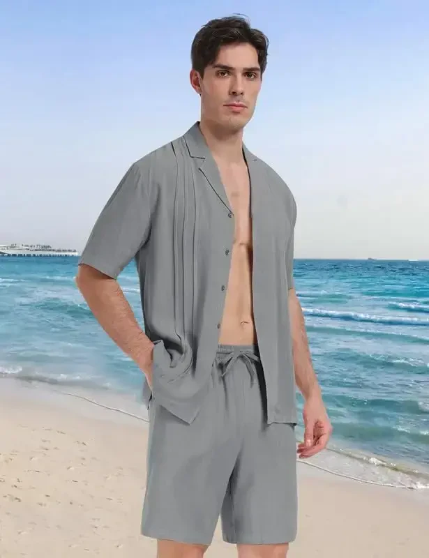 MoFiz Men's Linen Sets 2 Pieces Summer Vacation Party Beach Outfits Short Sleeve Button Down Shirts and Pants Set - 3