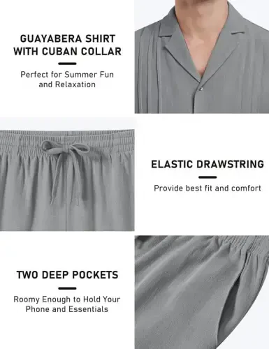 MoFiz Men's Linen Sets 2 Pieces Summer Vacation Party Beach Outfits Short Sleeve Button Down Shirts and Pants Set - 5