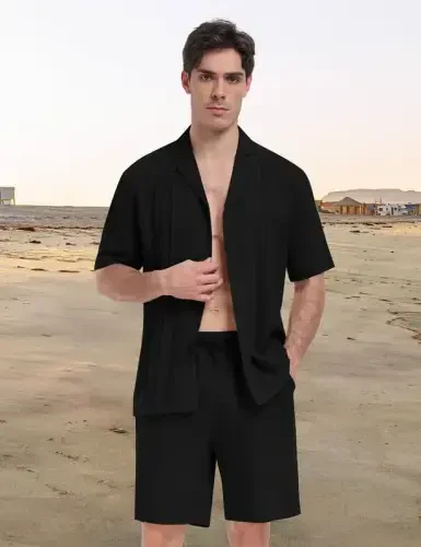 MoFiz Men's Linen Sets 2 Pieces Summer Vacation Party Beach Outfits Short Sleeve Button Down Shirts and Pants Set - 2