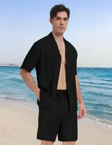 MoFiz Men's Linen Sets 2 Pieces Summer Vacation Party Beach Outfits Short Sleeve Button Down Shirts and Pants Set - 3
