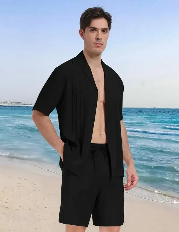 MoFiz Men's Linen Sets 2 Pieces Summer Vacation Party Beach Outfits Short Sleeve Button Down Shirts and Pants Set - 3