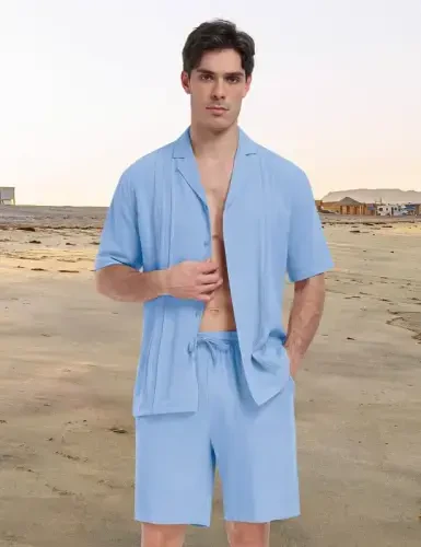 MoFiz Men's Linen Sets 2 Pieces Summer Vacation Party Beach Outfits Short Sleeve Button Down Shirts and Pants Set - 2