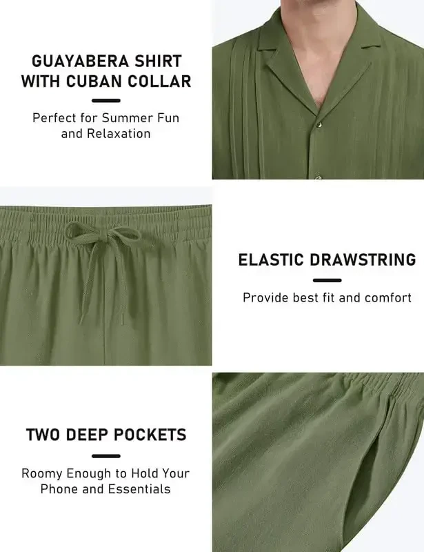 MoFiz Men's Linen Sets 2 Pieces Summer Vacation Party Beach Outfits Short Sleeve Button Down Shirts and Pants Set - 5