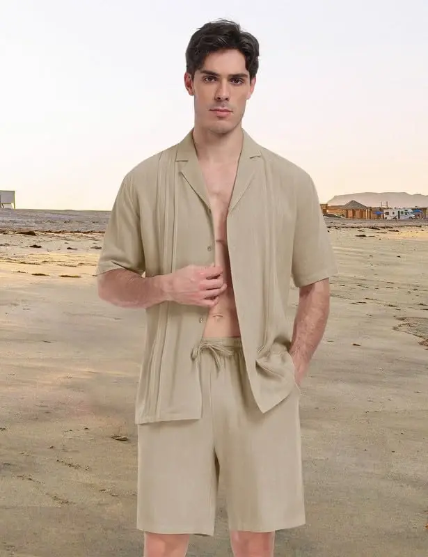 MoFiz Men's Linen Sets 2 Pieces Summer Vacation Party Beach Outfits Short Sleeve Button Down Shirts and Pants Set - 2