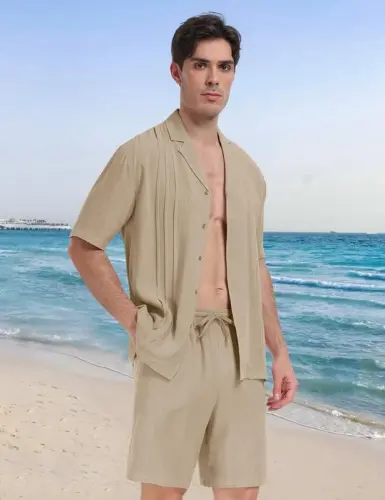 MoFiz Men's Linen Sets 2 Pieces Summer Vacation Party Beach Outfits Short Sleeve Button Down Shirts and Pants Set - 3