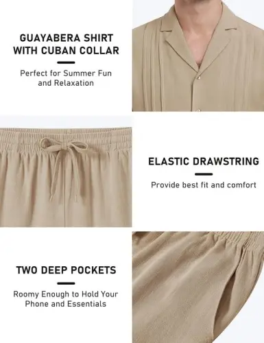 MoFiz Men's Linen Sets 2 Pieces Summer Vacation Party Beach Outfits Short Sleeve Button Down Shirts and Pants Set - 5