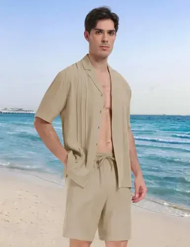 MoFiz Men's Linen Sets 2 Pieces Summer Vacation Party Beach Outfits Short Sleeve Button Down Shirts and Pants Set - 3