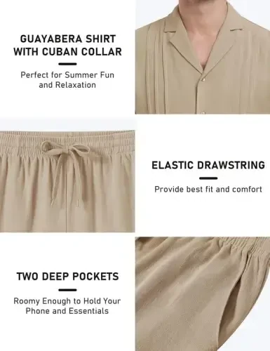 MoFiz Men's Linen Sets 2 Pieces Summer Vacation Party Beach Outfits Short Sleeve Button Down Shirts and Pants Set - 5