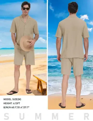 MoFiz Men's Linen Sets 2 Pieces Summer Vacation Party Beach Outfits Short Sleeve Button Down Shirts and Pants Set - 6