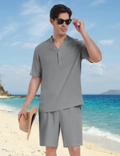 MoFiz Men's Linen Sets 2 Pieces Summer Vacation Party Beach Outfits Short Sleeve Button Down Shirts and Pants Set - 2