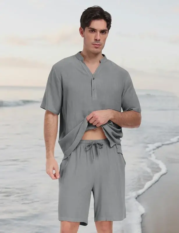 MoFiz Men's Linen Sets 2 Pieces Summer Vacation Party Beach Outfits Short Sleeve Button Down Shirts and Pants Set - 3