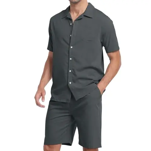 MoFiz Men's Linen Sets 2 Pieces Summer Vacation Party Beach Outfits Short Sleeve Button Down Shirts and Pants Set - MOFIZ