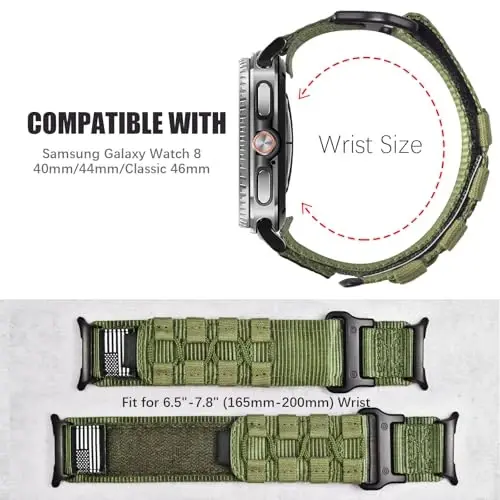 MOFREE Compatible with Samsung Galaxy Watch 8 Classic 46mm/Galaxy Watch 8 40mm 44mm,Rugged Nylon Woven Loop Sport Adjustable Strap Replacement Wristband for Samsung Galaxy Watch 8 Bands for Men Green - 5