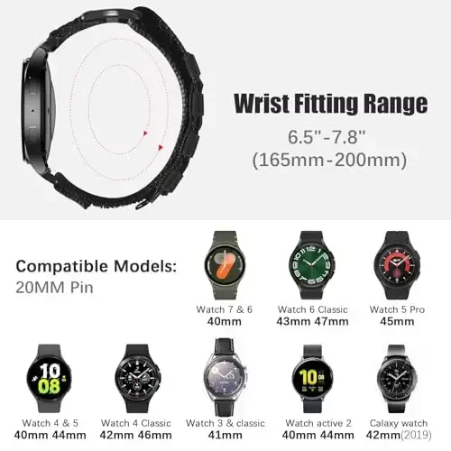 MOFREE Samsung Galaxy Watch 7 6 4 5 tasmalar Erkaklar Ayollar uchun 40mm 44mm/Soatlar 6 4 Classic 47mm 43mm 42mm 46mm/5 Pro 45mm/Active 2/FE, 20mm neylon to'quv halqali sport sozlanishi tasmalar Erkaklar uchun, Qora - MODAZONE (1)