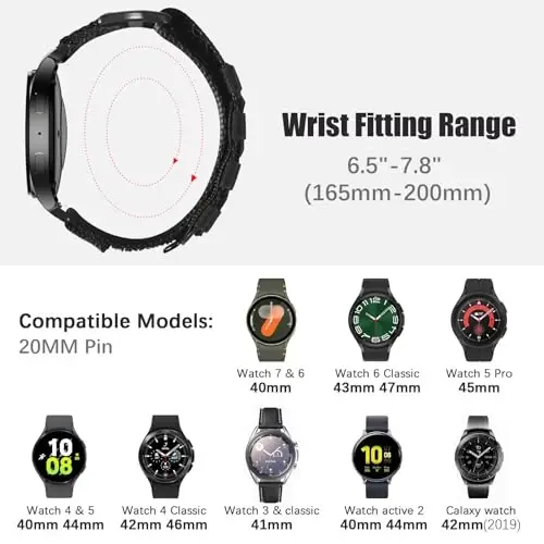 MOFREE Samsung Galaxy Watch 7 6 4 5 tasmalar Erkaklar Ayollar uchun 40mm 44mm/Soatlar 6 4 Classic 47mm 43mm 42mm 46mm/5 Pro 45mm/Active 2/FE, 20mm neylon to'quv halqali sport sozlanishi tasmalar Erkaklar uchun, Qora - 2