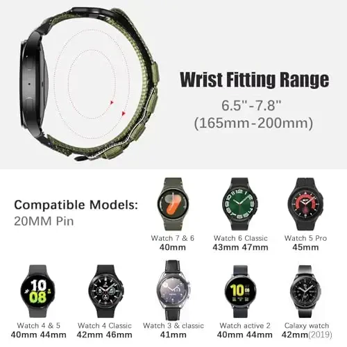 MOFREE Samsung Galaxy Watch 7 6 4 5 uchun tasmalar Erkaklar Ayollar 40mm 44mm/Soat 6 4 Classic 47mm 43mm 42mm 46mm/5 Pro 45mm/Active 2/FE, 20mm neylon to'quv halqali sport sozlanishi tasmasi Erkaklar, Yashil uchun - MOFREE (1)