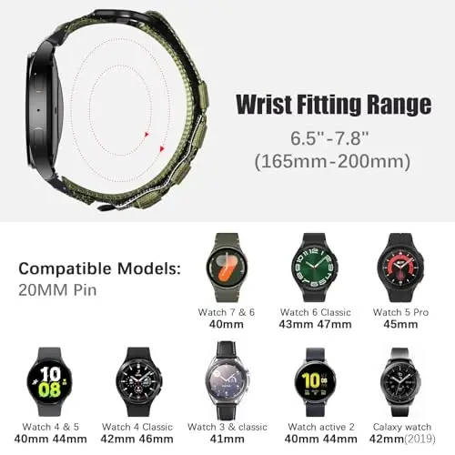 MOFREE Samsung Galaxy Watch 7 6 4 5 uchun tasmalar Erkaklar Ayollar 40mm 44mm/Soat 6 4 Classic 47mm 43mm 42mm 46mm/5 Pro 45mm/Active 2/FE, 20mm neylon to'quv halqali sport sozlanishi tasmasi Erkaklar, Yashil uchun - MODAZONE (1)