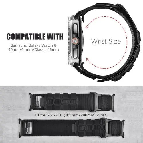 MOFREE Samsung Galaxy Watch 8 Classic 46mm/Galaxy Watch 8 40mm 44mm ile Uyumlu, Sağlam Naylon Dokuma Döngü Spor Ayarlanabilir Kayış Değiştirme Bilekliği Samsung Galaxy Watch 8 Erkekler için Siyah - 5