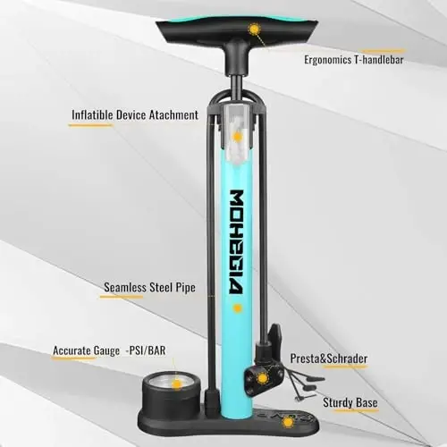 MOHEGIA Bike Floor Pump with Gauge, Air Bicycle Pump Inflator with High Pressure 160 PSI, Fits Schrader and Presta Valve - 4