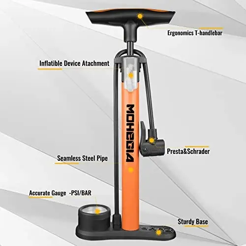 MOHEGIA Bike Floor Pump with Gauge: Air Bicycle Pump with High Pressure 160 PSI,Fits Schrader and Presta Valve -Inflator with Ball Pump Needles for MTB Road Bike, Ball, Balloon, Inflatables - MOHEGIA (1)
