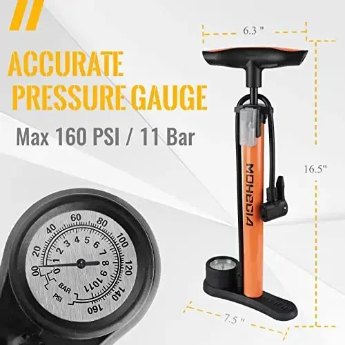 MOHEGIA Bike Floor Pump with Gauge: Air Bicycle Pump with High Pressure 160 PSI,Fits Schrader and Presta Valve -Inflator with Ball Pump Needles for MTB Road Bike, Ball, Balloon, Inflatables - 3