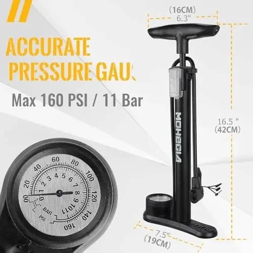 MOHEGIA Bike Floor Pump with Gauge: Air Bicycle Pump with High Pressure 160 PSI,Fits Schrader and Presta Valve -Inflator with Ball Pump Needles for MTB Road Bike, Ball, Balloon, Inflatables - 5