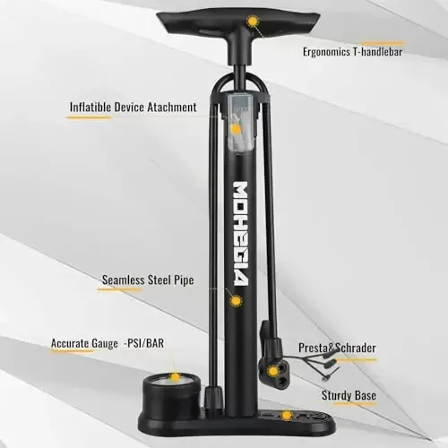 MOHEGIA Bike Floor Pump with Gauge: Air Bicycle Pump with High Pressure 160 PSI,Fits Schrader and Presta Valve -Inflator with Ball Pump Needles for MTB Road Bike, Ball, Balloon, Inflatables - 6