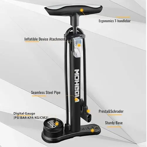 MOHEGIA Bike Floor Pump with Gauge: Air Bicycle Pump with High Pressure 160 PSI,Fits Schrader and Presta Valve -Inflator with Ball Pump Needles for MTB Road Bike, Ball, Balloon, Inflatables - 6