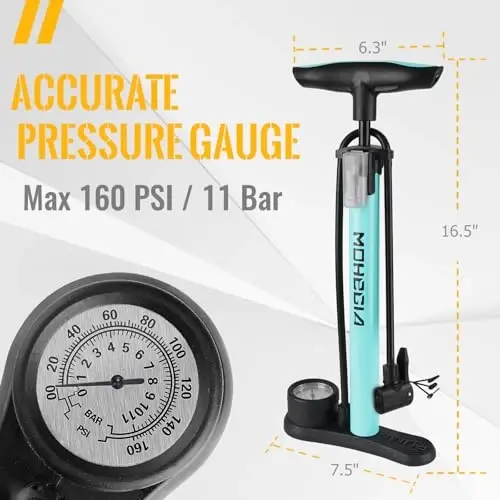 MOHEGIA Bike Floor Pump with Gauge: Air Bicycle Pump with High Pressure 160 PSI,Fits Schrader and Presta Valve -Inflator with Ball Pump Needles for MTB Road Bike, Ball, Balloon, Inflatables - 3