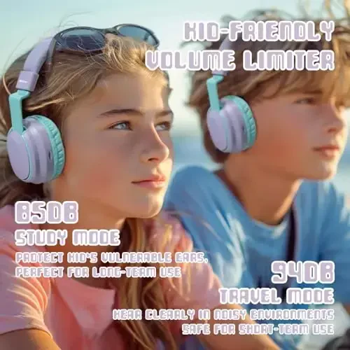 Mokata Kids Headphones Bluetooth 5.3 Wireless 60H Play Time Volume Limited 85/110dB Over Ear Foldable Headset with Cable Aux Mic for iPad Notebook Boy Girl Travel School Tablet Light Purple - 2