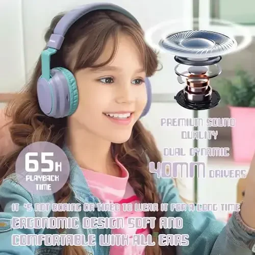 Mokata Kids Headphones Bluetooth 5.3 Wireless 60H Play Time Volume Limited 85/110dB Over Ear Foldable Headset with Cable Aux Mic for iPad Notebook Boy Girl Travel School Tablet Light Purple - 3