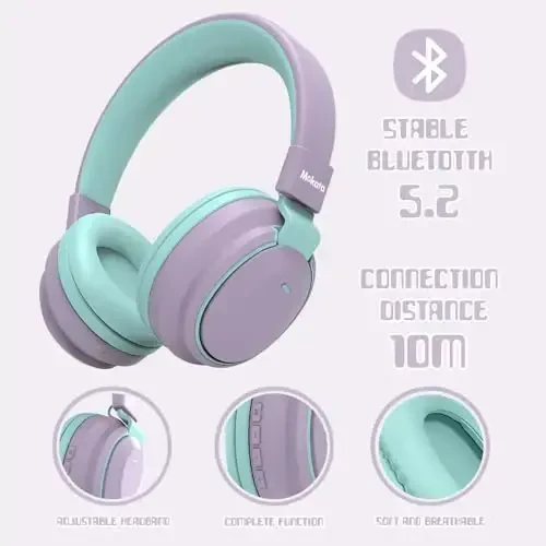 Mokata Kids Headphones Bluetooth 5.3 Wireless 60H Play Time Volume Limited 85/110dB Over Ear Foldable Headset with Cable Aux Mic for iPad Notebook Boy Girl Travel School Tablet Light Purple - 7
